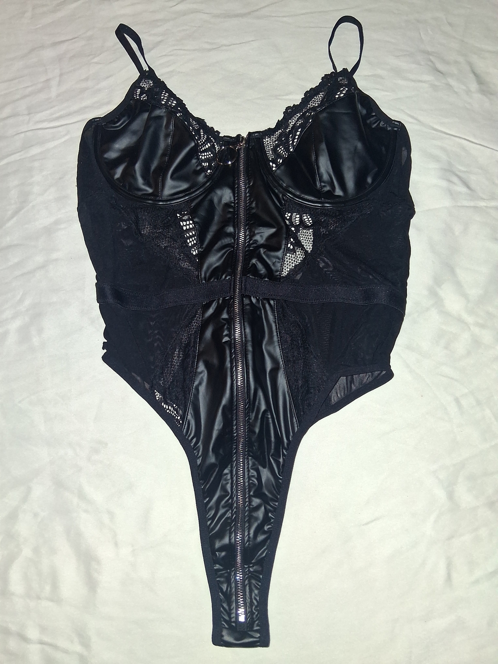 Black Lace & Satin Bodysuit with Front Zip
